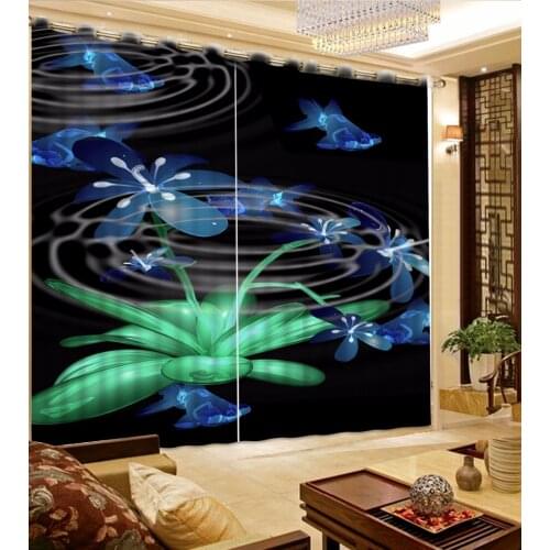 3D Curtain Custom size Black Background Purple Blue Flowers Curtains For Living Room Curtain Blackout Bathroom Shower Curtain