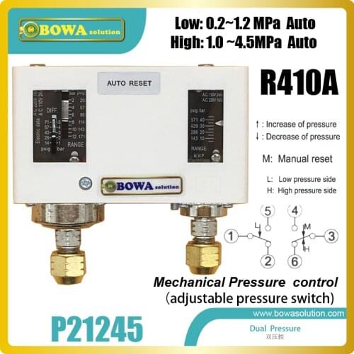 45bar Autoreset dual pressure controls is used to protect R410a compressors in heat pump equipments, such as water heater, dryer