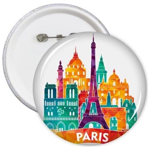 5pcs Castle Paris France Landmark National Flag Architecture Custom Landscape Illustration Pattern Round Pin Badge Button