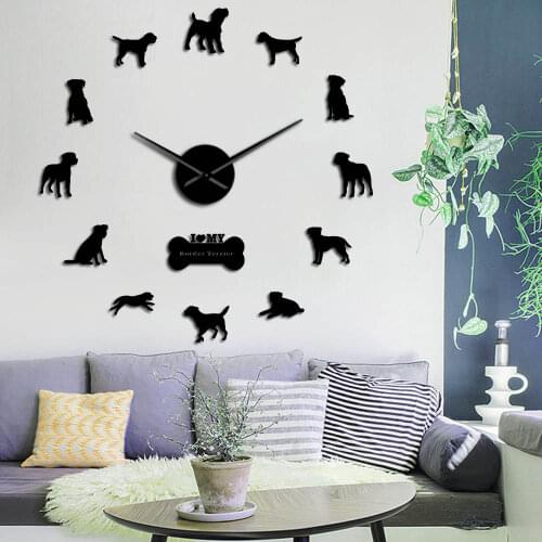 Border Terrier Puppy Modern Design Large DIY Wall Clock With Mirror Effect Artificial Dog Portrait Wall Hanging Deco Clock Watch