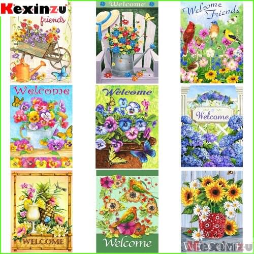 KEXINZU DIY Diamond Painting Flower Bird 5D Diamond Embroidery Text Welcome Full Square Mosaic Rhinestone Cross Stitch Wall Art