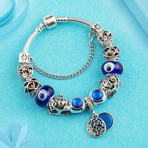 Classic Royal Blue Crystal Murano Star Moon Beads Bracelet Dark Blue Enamel Pendant Charm Bracelet & Bangle Fashion Jewelry