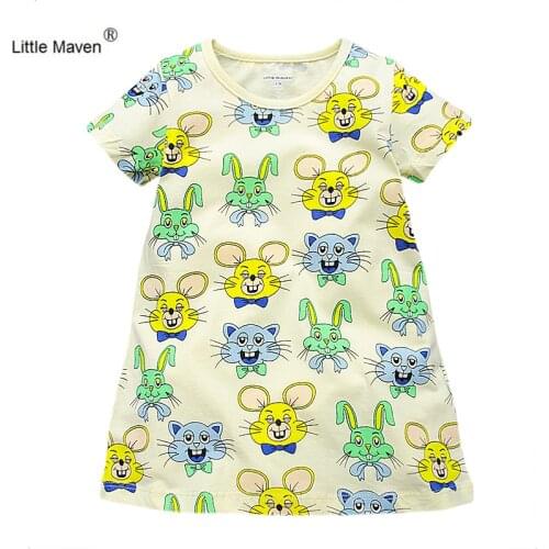Little Maven 1-6years Girls Short Sleeve Dresses Casual 100% Cotton Mouse Cartoon Knee-Length Knee-Length Childrens Clothing