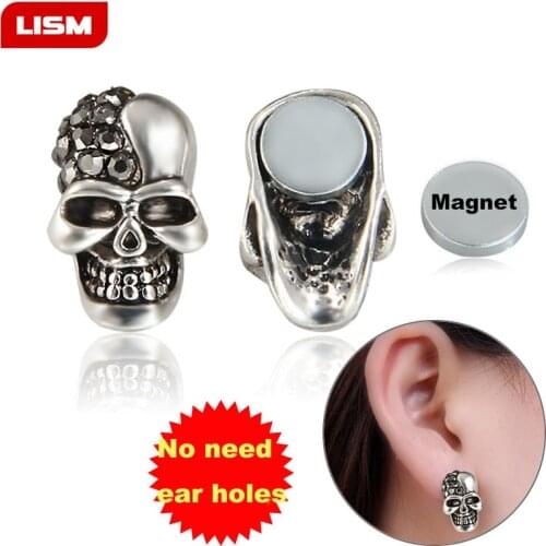 Fashion Kpop Strong Magnet Punk Skull Earring for Men Crystal Male and Female Jewelry Stud Earrings.without Ear Hole