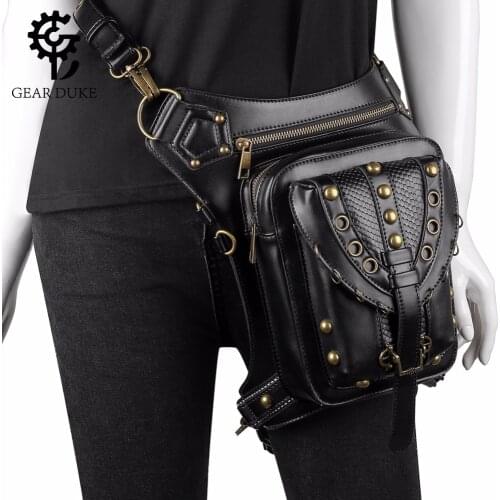 Punk Heavy Metal Locomotive Waist Bags Men Vintage Motorcycle Leg Bag Black Leather Rivets Messenger Bag Vintage Rock Women bags