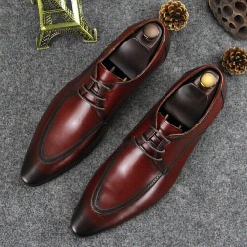 Mens Dress Shoe Spring New Hot Wine Red Black Formal Business Shoes Flat heel Real leather