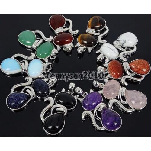 Natural Gems Stone Fox Reiki Chakra Healing Pendant Charm Beads Silver Plated Healing Jewelry Design 10Pcs/Pack