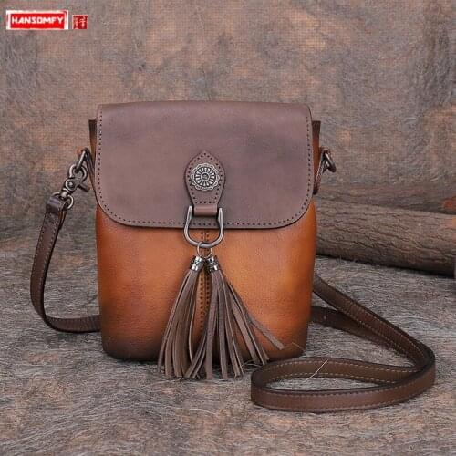 New Vintage Leather Small Bag Women Casual Real Leather Female Shoulder Bag Leather Tassel Messenger Pouch Bags Original Ladies
