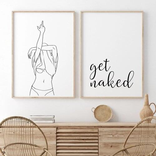 New Sexy Woman Middle Finger Art Canvas Painting Poster Funny Get Naked Quote Print Home Decor Wall Arts for Bathroom B
