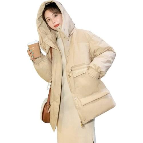 Women Winter Hooded Drawstring Big Pocket Midi Windproof Coat Lady Puffer Jacket Cotton Padded Parkas Outwear Overcoat