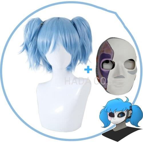 Game Sally Face Cosplay Wig Face Cover Double Ponytail Blue Heat Resistant Hair Free Wig Cap Party Role Play Props Girls Women