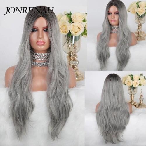 JONRENAU Long Natural Wave Synthetic Ombre Dark Brown to Ash Gray Wigs for White Black Women Party Costume Cosplay Hair wig