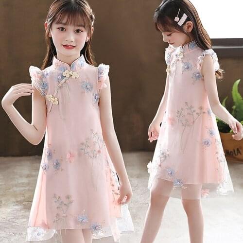 Retro Girls' Breathable Qipao Dress New Arrival Chinese Style Lovely Childrens Clothing Hanfu Lace Embroidery Cheongsam LC128