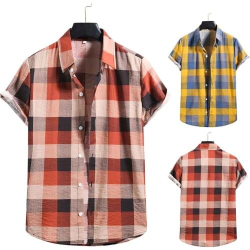 Summer Mens Blouses 2021 Fashion Cotton linen Print Plaid Short Sleeve Button Shirt Blouse Top for Mens Hawaiian Style Top