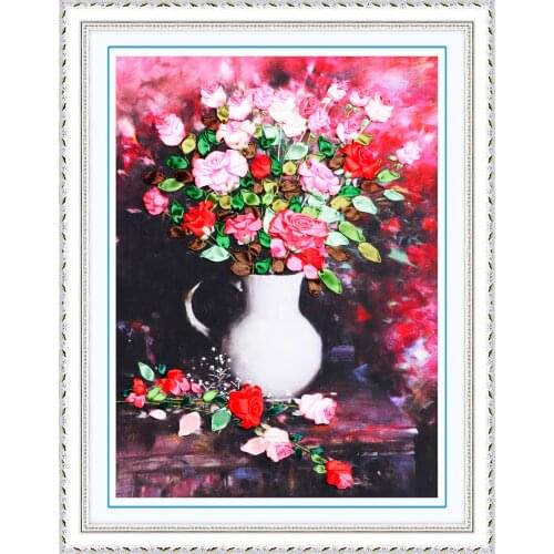 Needlework,DIY Ribbon Cross stitch Sets for Embroidery kit,Rose Lover Flower ribbon Cross-Stitch handwork wedding wall decor