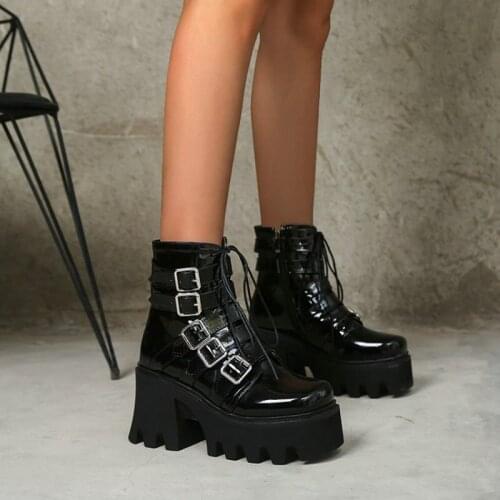 Sianie Tianie Gothic Patent PU Leather Woman Winter Shoes Anti-skid Chunky High Heels Buckle Strap Platform Ankle Boots Women