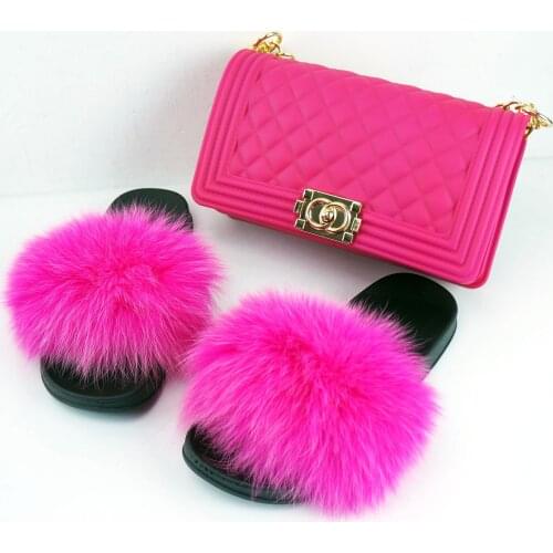 SunNY Everest Women Shoes Slipper Bag Sets Fox Fur Slipper House Shoes Furry Slides for Women Fur Slides Fluffy Slippers 36-45