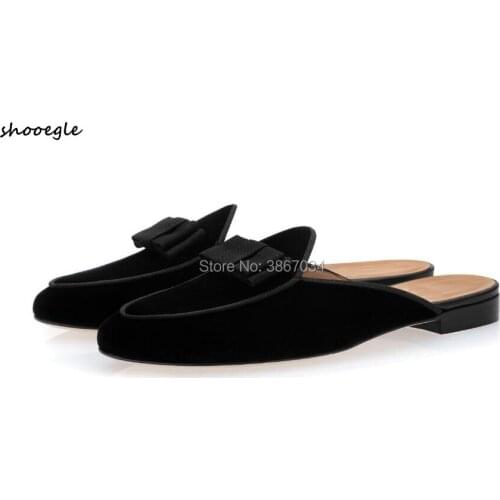 SHOOEGLE Casual Shoes Men Bow Tie Slippers Slip On Flats Smoking Mules Shoes Black Loafers Big size 46 Free Shipping
