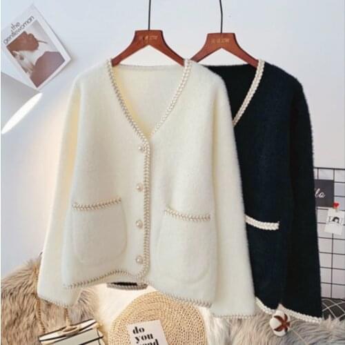 Waterproof Mink Pearl Button Short Knitted Jacket Coat Women Korean Fashion Vintage All Match Cardigan Autumn Slim Outwear Tops