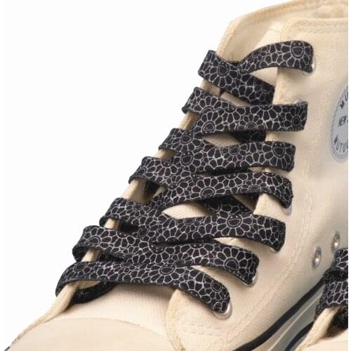 Weiou Women Child Sport Canvas Sneaker Shoelace 9mm Flat Cotton Shoestrings Black Printed White Sunflowers Pattern Drop Shipping