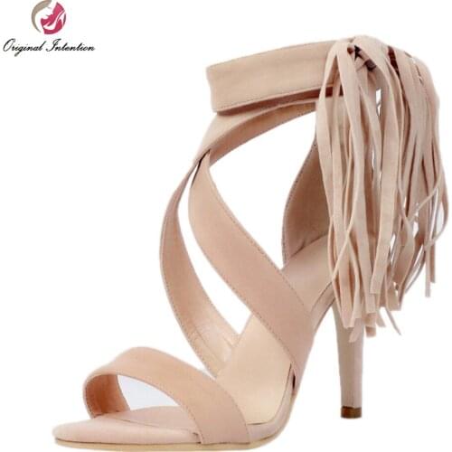 Original Intention New Gorgeous Women Sandals Fringe Open Toe Thin Heels Sandals High-quality Nude Shoes Woman Plus US Size 4-15