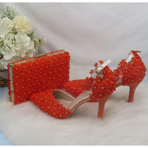 BaoYaFang Orange Flower women Wedding shoes and bags Rhinestone high heels ankle strap shoes women party dress shoes