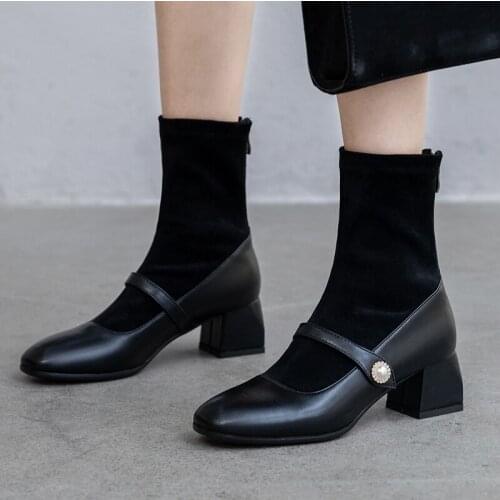 Winter Warm Ankle Boots Women Flock Leather Square Loe Heels Booties Fashion Square Toe Zipper Boots Shoes Ladies 2019 Black