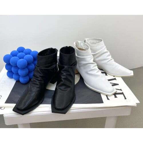 Square Women Winter Boots Black/White Thick Mid Heels Back Zipper Shoes Fashion Roman Style 2022 New Arrivals Short Booties 39