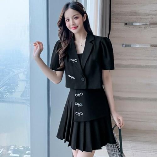 New Summer Skirt Set Chic OL Two Piece Set Women Diamond Bow Top Casual Blazer Coat Pleated Short Skirt Suits Female 2 Piece Set
