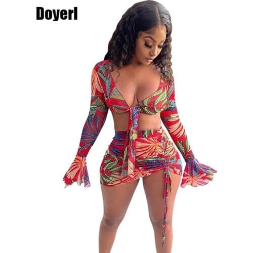 Printed Mesh Two Piece Set Women Sexy Summer Vacation Outfits Tie Up Crop Top and Drawstring Skirt Set Bodycon 2 Piece Dress Set