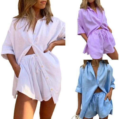 Womens Summer Casual Loose 2 Piece Outfits Shorts Set Short Sleeve Collar Button T-Shirt Top Short Pants Tracksuits Y2K 2021