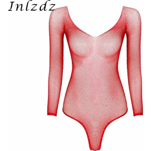 Womens Lingerie See-through Mesh Bodysuit Rhinestone Shiny Scoop Neck Long Sleeve Fishnet Leotard Jumpsuit for Lingerie Party