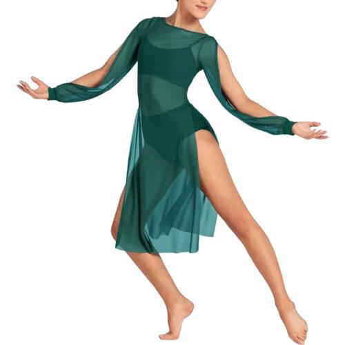 MiDee Mesh Puff Sleeve Dress Women Sexy See-through Boat Neck High Split Skirt Girls Modern Ballet Belly Dance Stage Costume