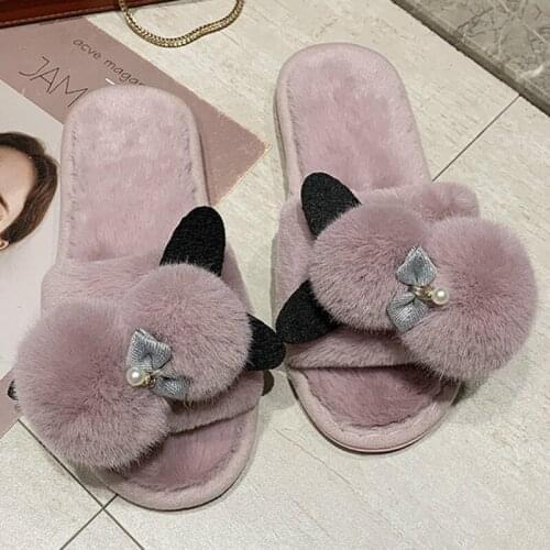 2019 Fluffy Faux Fur Winter Woman Cotton Slippers Slip on Warm Shoes Non-slip Flats Female Spring Autumn Winter House ShoesN8-51