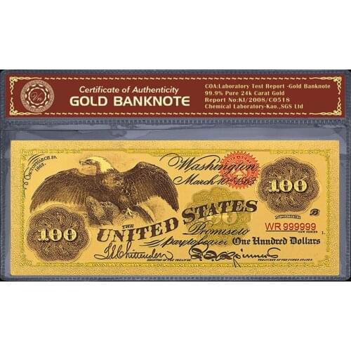 Colored Usd Money American Gold Banknote 1863 Year 100 Dollar Banknotes in 24K 99.9% Gold With Plastic Frame for Gift