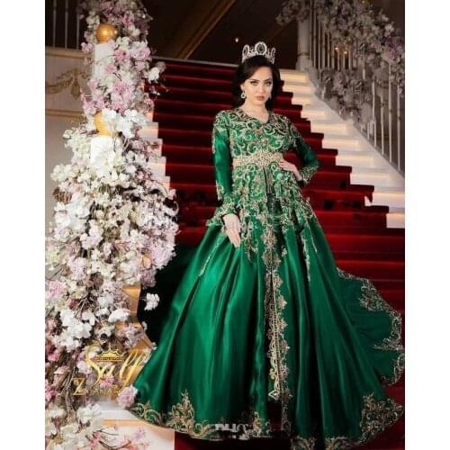 Emerald Hunter Green Muslim Evening Dresses 2020 Luxury Gold Lace Beaded Saree Kaftan Dubai Ayaba Plus Size Prom Gown robe de so