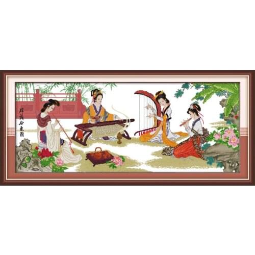 Joy Sunday Cross Stitch Stamped KitsFour Beauties Happy Together Paintings11&14CTNeedlework Cross Stitch Set for Embroidery Kits