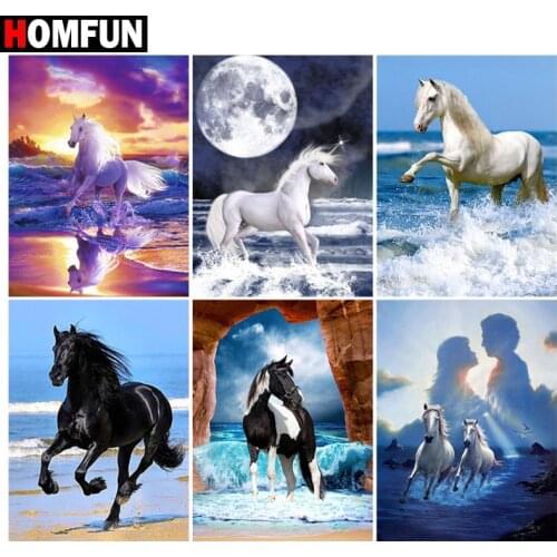 HOMFUN Paint With Diamond Embroidery "Horse moon animal sea" Diamond Painting Full Square Round Picture Of Rhinestone Decor