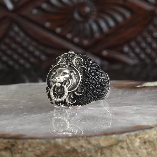925 Sterling Silver Ring for Men Lion Ring , Jewelry Fashion Vintage Gift Onyx Aqeq Mens Rings All Size