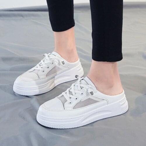 Leather Womens White Half-step Net Shoes Mesh Breathable Casual Platform Shoes All-match Half Slippers