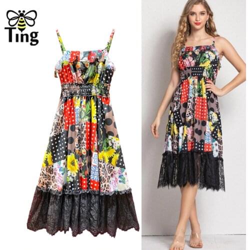 TingflySummer Fashion Floral Casual Miidi Dress Strap Sleeveless High Waist Elastic Lace Patchwork Sundress Vestidos Robes Traf