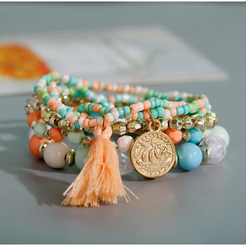 Summer Bohemia Stone Beads Bracelet Set For Women Charm Tassel Coin Pendant Bracelet Jewelry For Ladies Bileklik