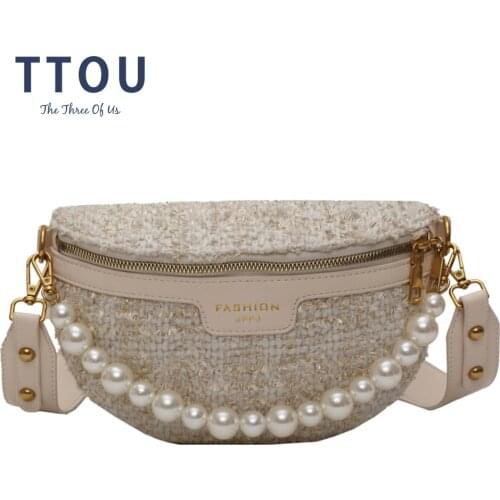 Woolen Pearl Fashion Women Chest bag Chain Fanny Pack Waist Belt Bag Female Waist Pack PU Leather Belly Shoulder Crossbody Bag