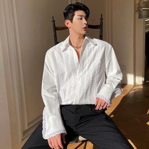 2021 Mens Lace Splice Vintage Fashion Loose Casual Long Sleeve White Dress Shirts Tops Korean Fashion Show Dress Shirt for Man