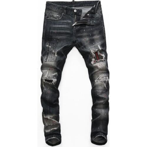 Dsq brand European Style mens slim elastic jeans Men Elastic denim trousers zipper Patchwork Slim black hole jeans for men 8235