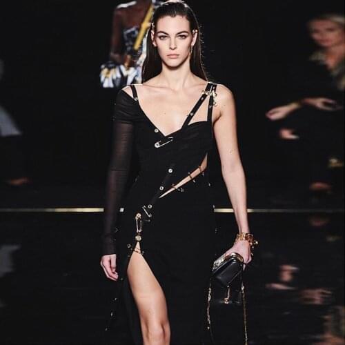 2019 new solid color womens long-sleeved zipper dress sexy shoulder long-sleeved V-neck black split long party dress