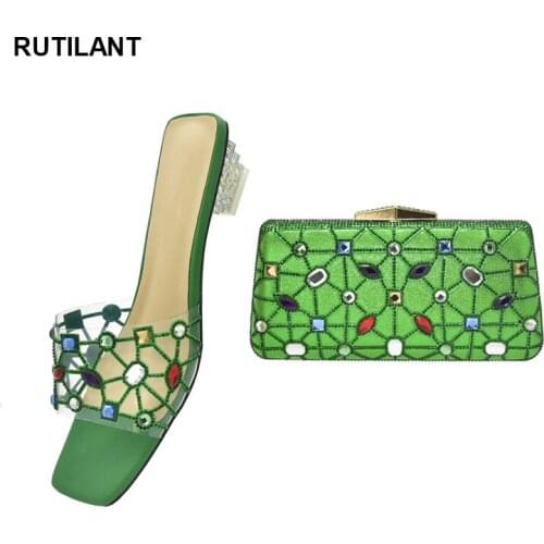 New Arrival Shoes and Bag for Party Wedding Clear Rhinestone Heels African Party Pumps Decorated with Crystal Womens Heels