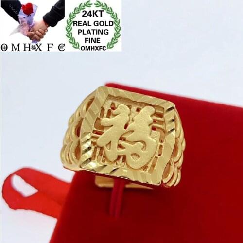 OMHXFC Wholesale YM206 European Fashion Hot Fine Man Party Birthday Wedding Gift Vintage FA CAI FU Words Square 24KT Gold Ring