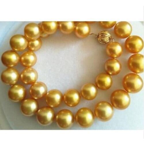 Gorgeous 12-15mm freshwater round gold pearl necklace 18inch 925silver
