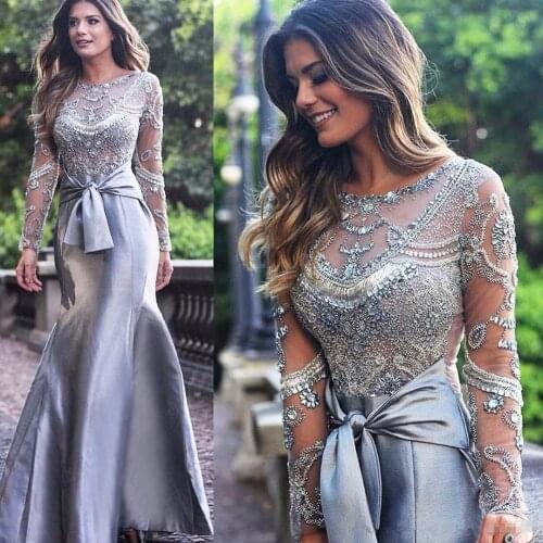 Long Sleeves Lace Beading Tulle Tops Mother of the Bride Dress Unique Mermaid Floor Length Prom Gown